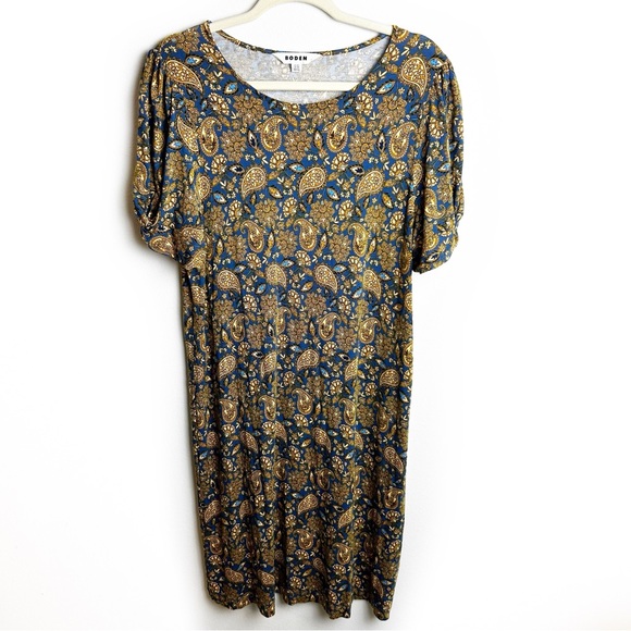 Boden Jersey Mini Dress in Harvest Gold Paisley puff sleeves size: 14R - Picture 2 of 12